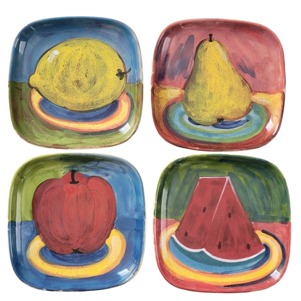 Vintage Vietri Italy Hand Painted Fruit Plates Set of 4 Square 7.5" Colorful NOS
